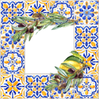 Olive Branches and Lemon on the tiled Frame. Aquarelle image with copy space png