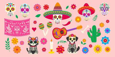 A colorful image of skulls, flowers, and a sombrero. The image is a representation of Mexican culture and the idea is to celebrate the Day of the Dead vector