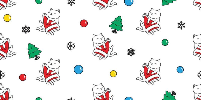 cat seamless pattern Christmas tree Santa Claus hat kitten calico neko candy snowflake pet doodle snowflake cartoon gift wrapping paper tile background repeat wallpaper illustration scarf isola