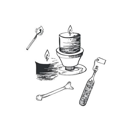 Candles on candlesticks, a burning match, dice for fortune telling, a potion in a bottle. A set for witchcraft and magic. Illustration for Halloween. All objects are hand-drawn with ink. For printing