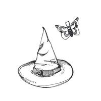 Witch hat and night butterfly for Halloween, hand drawn in black ink and transferred to . illustration for Halloween. Suitable for printing on fabric, cards, invitations for Halloween vector