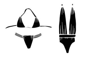 Glamorous Swimsuit Icon Set. Fashion doodle clip art. Front, black color. Isolated on a white background vector