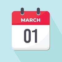 01 March Daily Calendar Icon 3d style red and white with light blue background vector