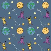 Seamless galaxy childish pattern with funny aliens, constellation of the big and little bears, stars, planets. Monsters in space. For children's textiles, wrapping paper, fabric, nursery, wall, cover vector