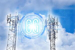 6G Digital Network and Internet of Things on the Signal Tower, 6G Wireless Network, Internet Concept photo