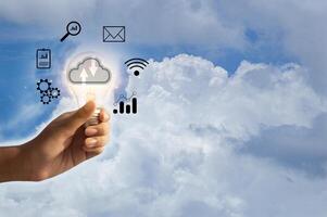 The concept of using cloud storage to store and share data online photo