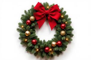 Festive Christmas wreath with red bow isolated on white background photo