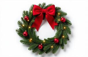 Festive Christmas wreath with red bow and balls on white background photo