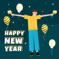 Happy New Year with man toasting and holding balloons, vector