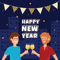 New Year party with two men toasting with champagne, vector
