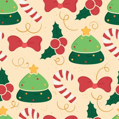 Holiday pattern with bows, trees, and holly berries,