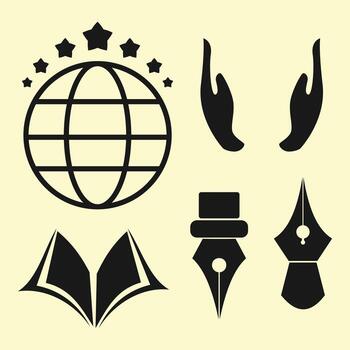 a set of icons that include a globe, a pen, a book, and a star vector