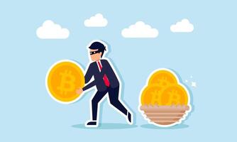 A businessman as a thief trying to steal bitcoin from a nest, illustration of a hacker stealing bitcoin assets vector