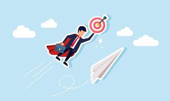 A super businessman flying in the sky with a paper airplane carrying a target board, illustration of best employees try to elevate company performance business targets vector