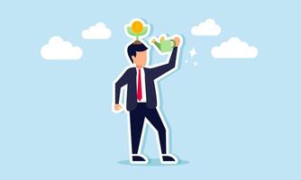 A businessman watering a plant with bitcoin flowers above his head, illustration of maintaining and monitoring the progress of bitcoin asset performance vector