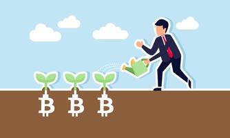 A businessman waters a plant with bitcoin roots, illustrating care and analysis related to the progress of bitcoin assets vector