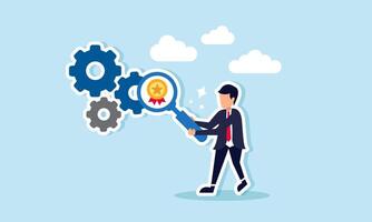A businessman examines machine gears with a magnifying glass labeled with an award medal, illustrating the monitoring and evaluation of business performance as a leader. vector