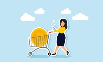 A businesswoman playing with her phone while pushing a trolley filled with bitcoin, illustration of enjoying the benefits of rising bitcoin valuation vector