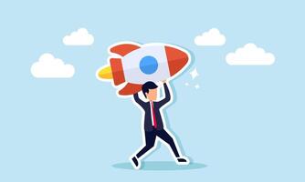 A businessman running with a rocket, illustration of the owner's role in boosting startup business performance vector