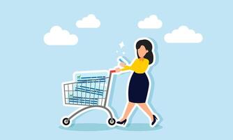 A businesswoman playing on her phone while pushing a trolley filled with checklists, illustration of enjoying the results of business performance after completing tasks vector