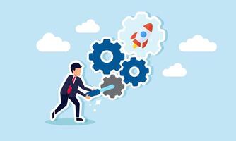 A businessman setting up a gear machine labeled as a rocket, illustration of maintenance and performance adjustments in a startup company vector