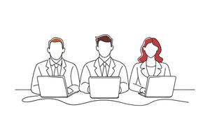 Business professionals seated at a table, collaborating with a laptop in front of them isolated continuous line art flat illustration on white background.. vector