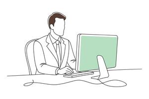 Man in a suit at a desk, engaged with a computer screen isolated continuous line art flat illustration on white background vector