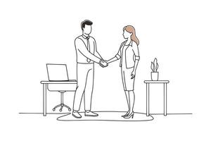 Man and woman shaking hands in front of a desk, symbolizing collaboration and agreement isolated continuous line art flat illustration on white background. vector
