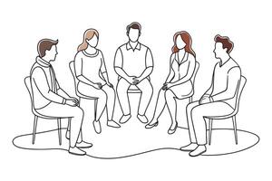 individuals sitting in a circle, actively participating in a discussion isolated continuous line art flat illustration on white background vector