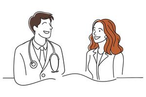 Smiling woman speaking with her doctor, capturing a moment of friendly communication isolated continuous line art flat illustration on white background vector