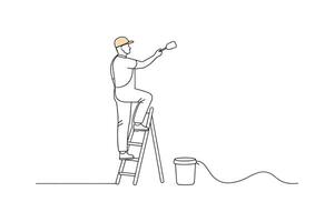 Man painting a wall while standing on a ladder isolated continuous line art flat illustration on white background.. vector