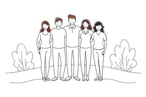Group of friends standing together in a field, showcasing camaraderie and connection isolated continuous line art flat illustration on white background. vector