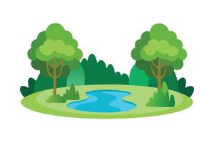 Forest landscape featuring a tranquil pond surrounded by lush trees isolated flat illustration on white background. vector