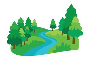 Forest scene featuring a river flowing through lush green trees isolated flat illustration white background vector