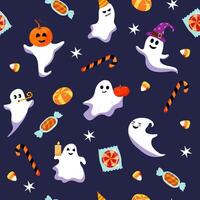 Seamless pattern. Cute halloween ghost and candy. Different funny characters on purple background. vector