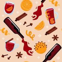 Mulled wine seamless pattern. Glasses of mulled wine, bottle with red wine, citrus fruits and spices. print for packaging, fabric, wallpaper. vector