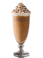 Greek Frappe in tall glass topped with foam and sprinkle of cocoa powder png