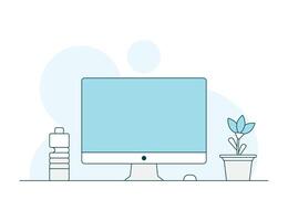 Realistic computer monitor blank display screen with flower pot and water bottle. pc, desktop, monitor, laptop flat illustration vector