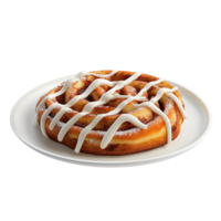 Delicious cinnamon roll with icing on a white plate, presented against a clean, isolated on transparent background. png