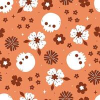 Seamless pattern with skulls and flowers on an orange background. graphics. vector