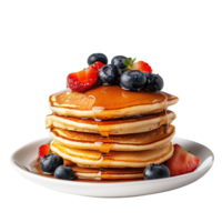 Stack of fluffy pancakes topped with fresh berries and syrup on a white plate. isolated on transparent background png