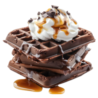 Delicious stacked chocolate waffles with whipped cream and syrup, isolated on transparent background. png