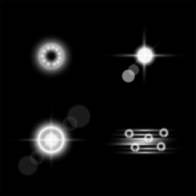 Set of glow effects on black background. Shine, explosion, star, flash, spark.