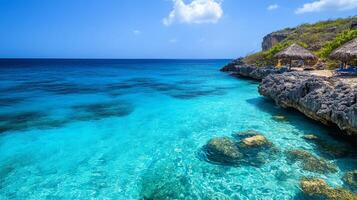 Stunning tropical ocean view with clear blue waters and rocky cliffs, perfect for a serene escape photo