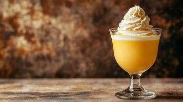 Glass of golden Advocaat cocktail topped with swirled whipped cream, served on a rustic wooden surface against a blurred background photo