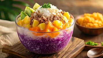 A bowl of purple rice topped with fruit and vegetables photo
