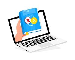 Hand holding dictionary coming out from laptop screen for online language course vector