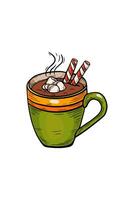 sketch in vintage style, engraving, line drawing of colored cocoa cup. vector