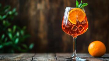 An orange and a glass of wine on a wooden table photo