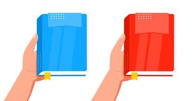 Hands holding red and blue books with bookmarks vector